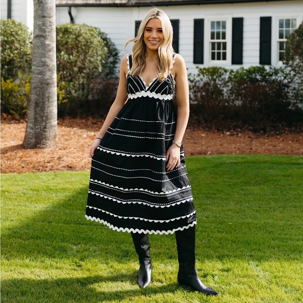 Sofie The Label Jeanie Ric Rac Tiered Midi Dress Black White Size Small NWT